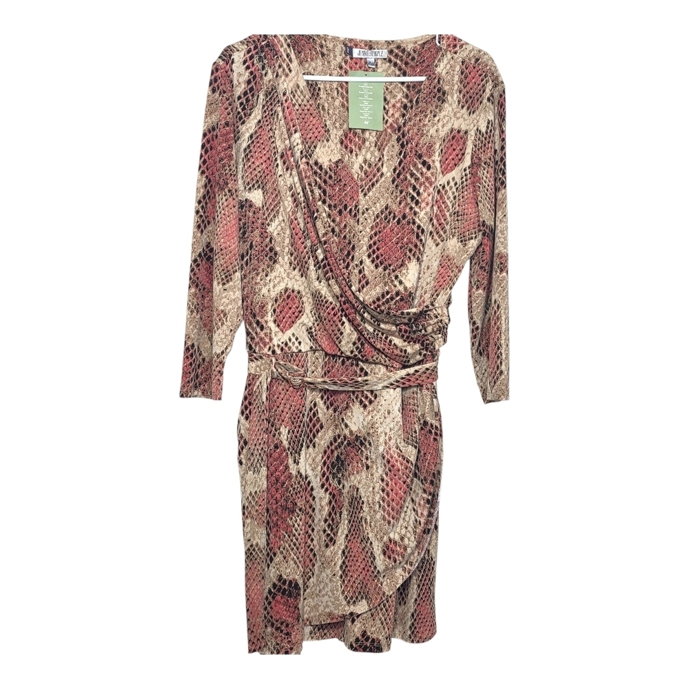 Jennifer Lopez Elegant Snake Print Faux Wrap Dress Coral and Brown XL NWT